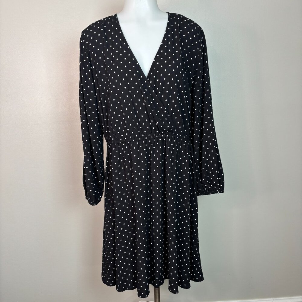 Old Navy Dress Large Black Polka Dot Surplice Neck Elastic‎ Waist Long Sleeves